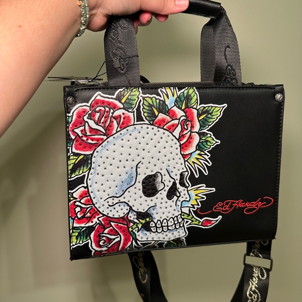 Ed Hardy Black Tote with Skull and Roses